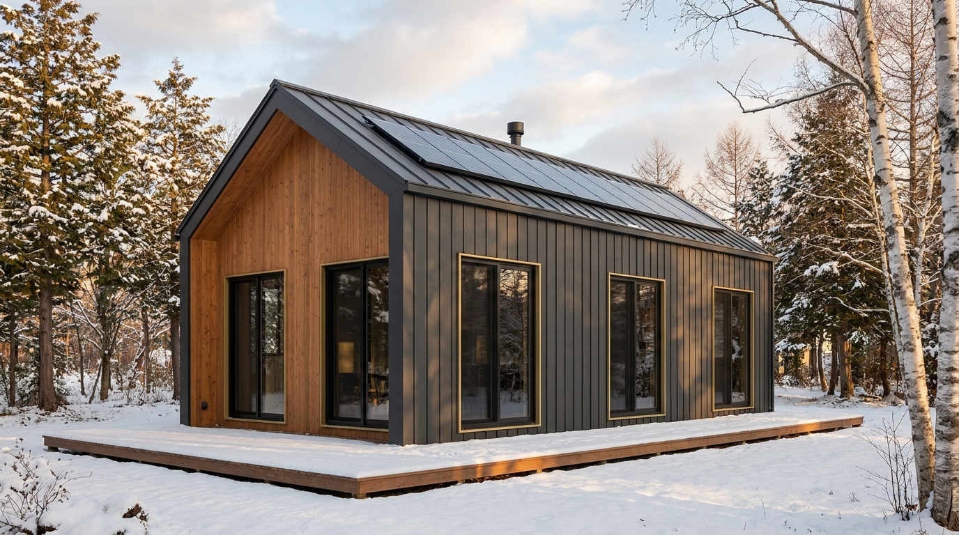 雪の小屋 外観 — AI render based on BIM specs