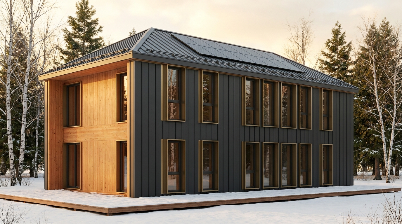 霜の砦 外観 — AI render based on BIM specs