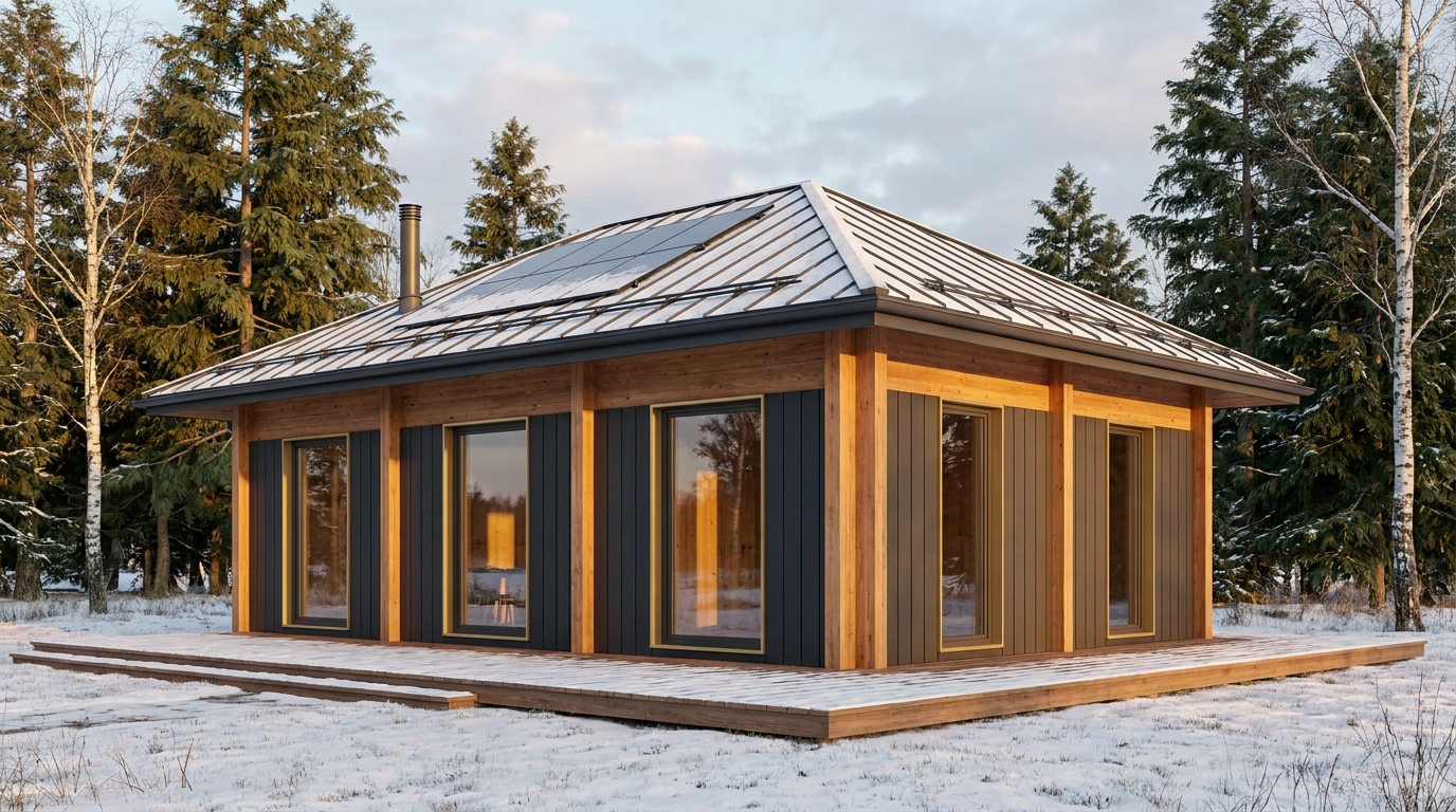 霜の庵 外観 — AI render based on BIM specs