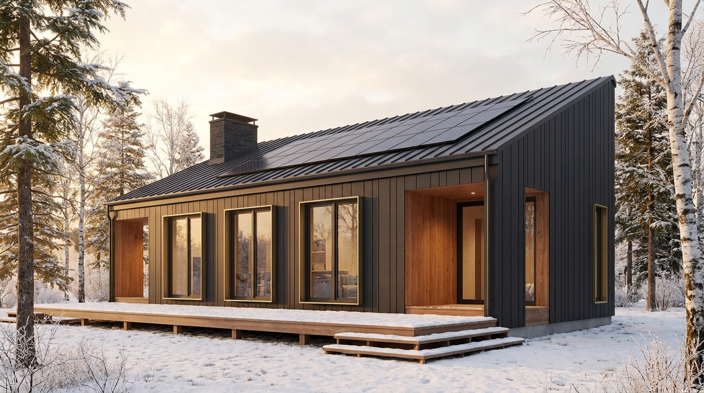 湖の小屋 外観 — AI render based on BIM specs
