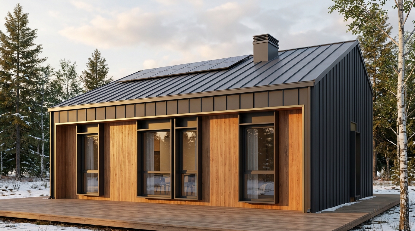 霜の小屋 外観 — AI render based on BIM specs