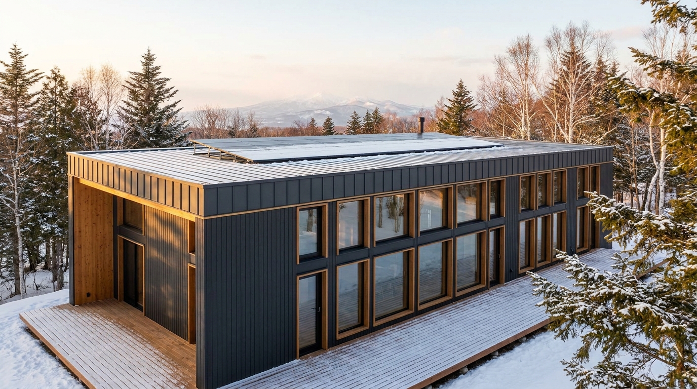 雪の庵 外観 — AI render based on BIM specs