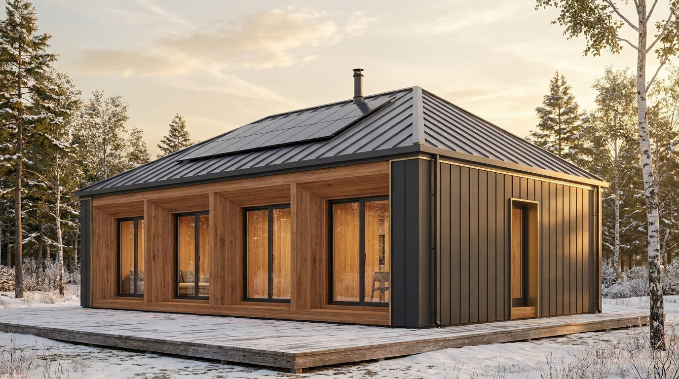 霜の小屋 外観 — AI render based on BIM specs