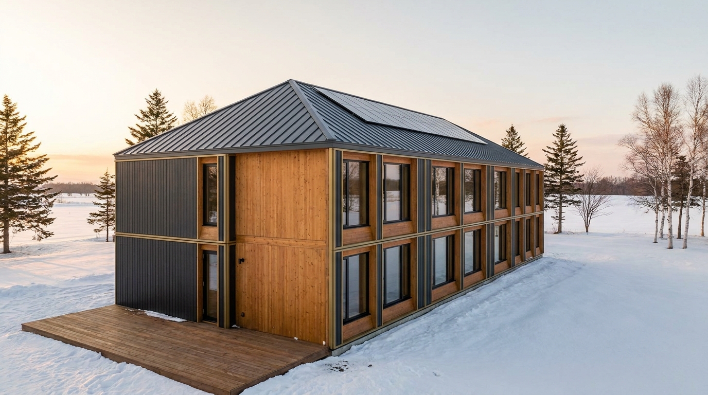 雪の小屋 外観 — AI render based on BIM specs