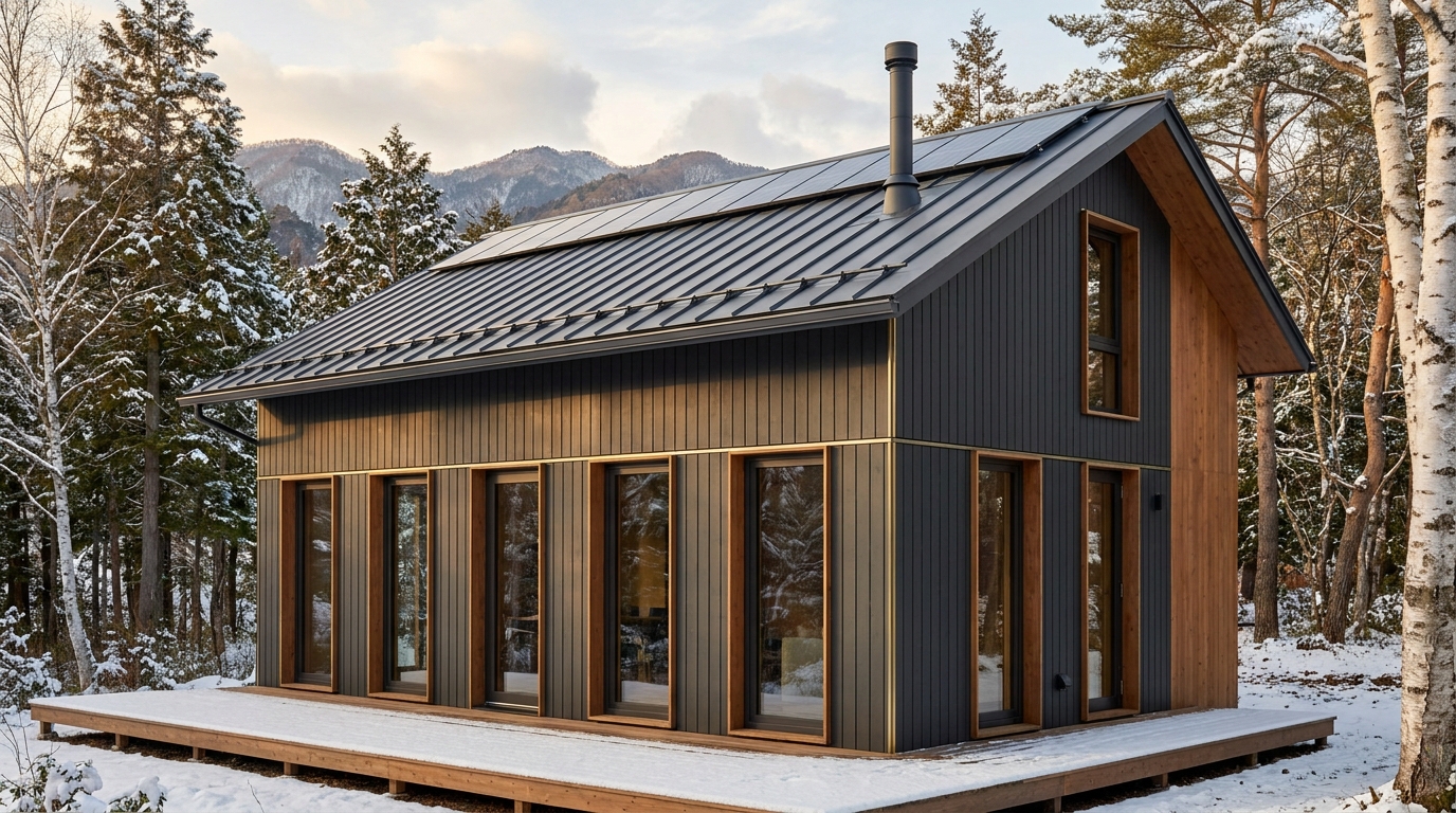 湖の小屋 外観 — AI render based on BIM specs