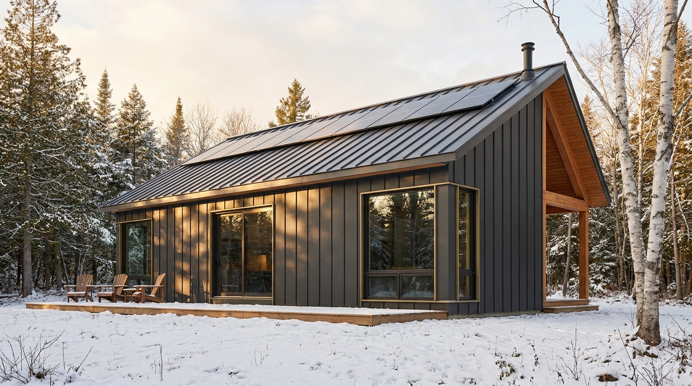 霜の小屋 外観 — AI render based on BIM specs