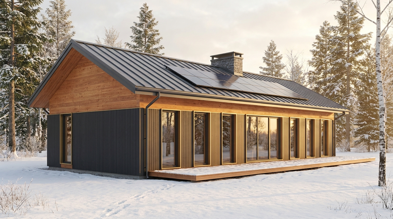霜の小屋 外観 — AI render based on BIM specs