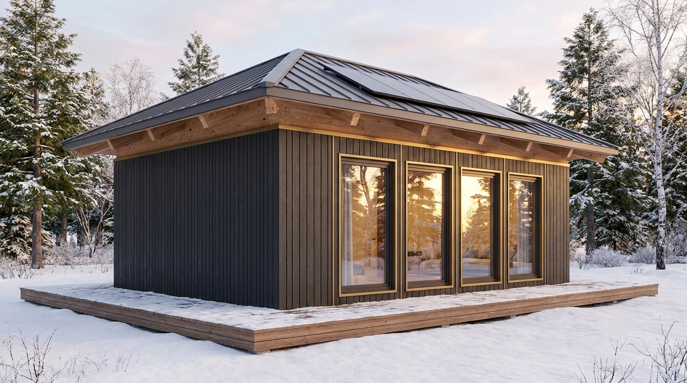 霧の小屋 外観 — AI render based on BIM specs