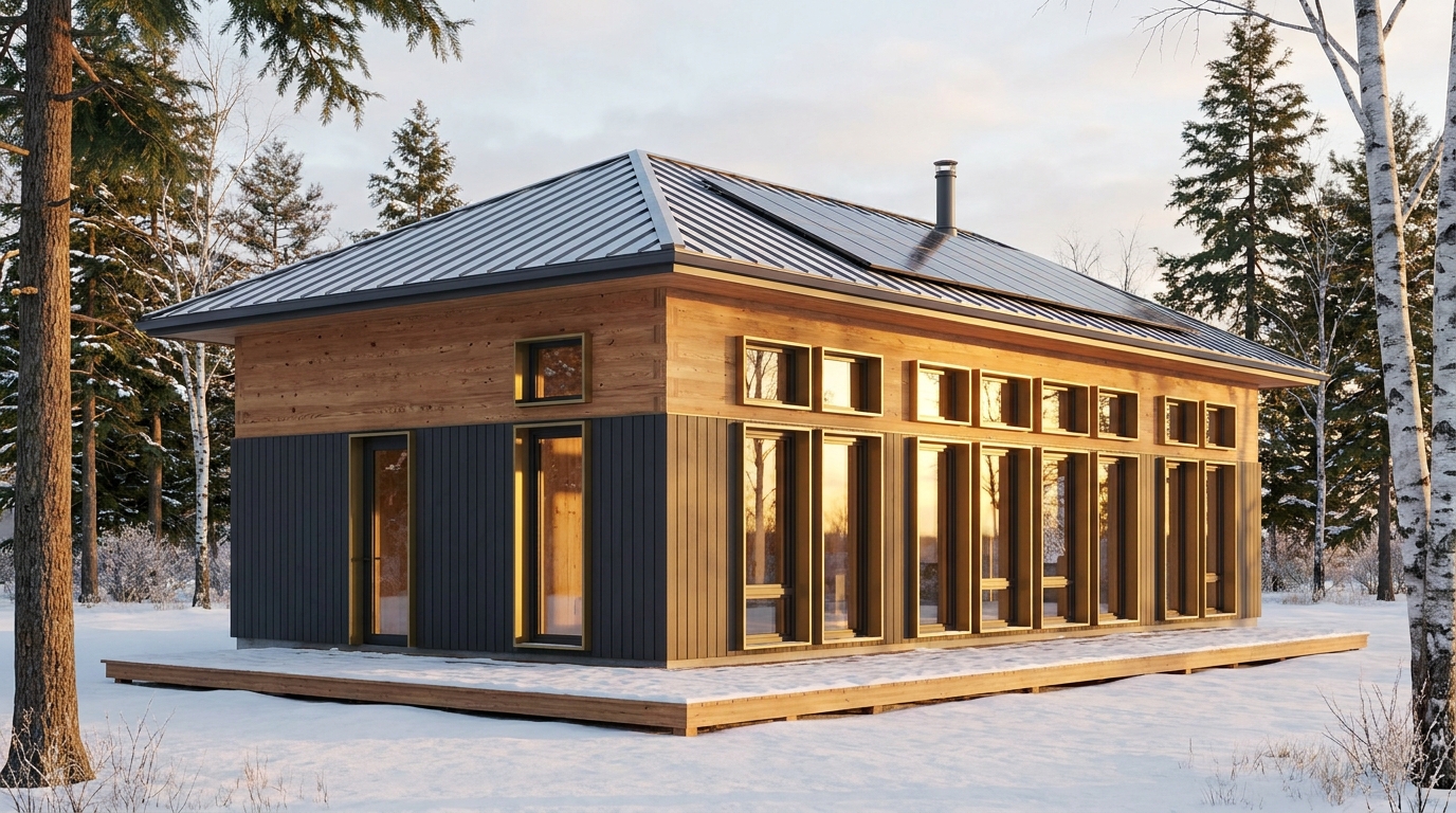 湖の小屋 外観 — AI render based on BIM specs