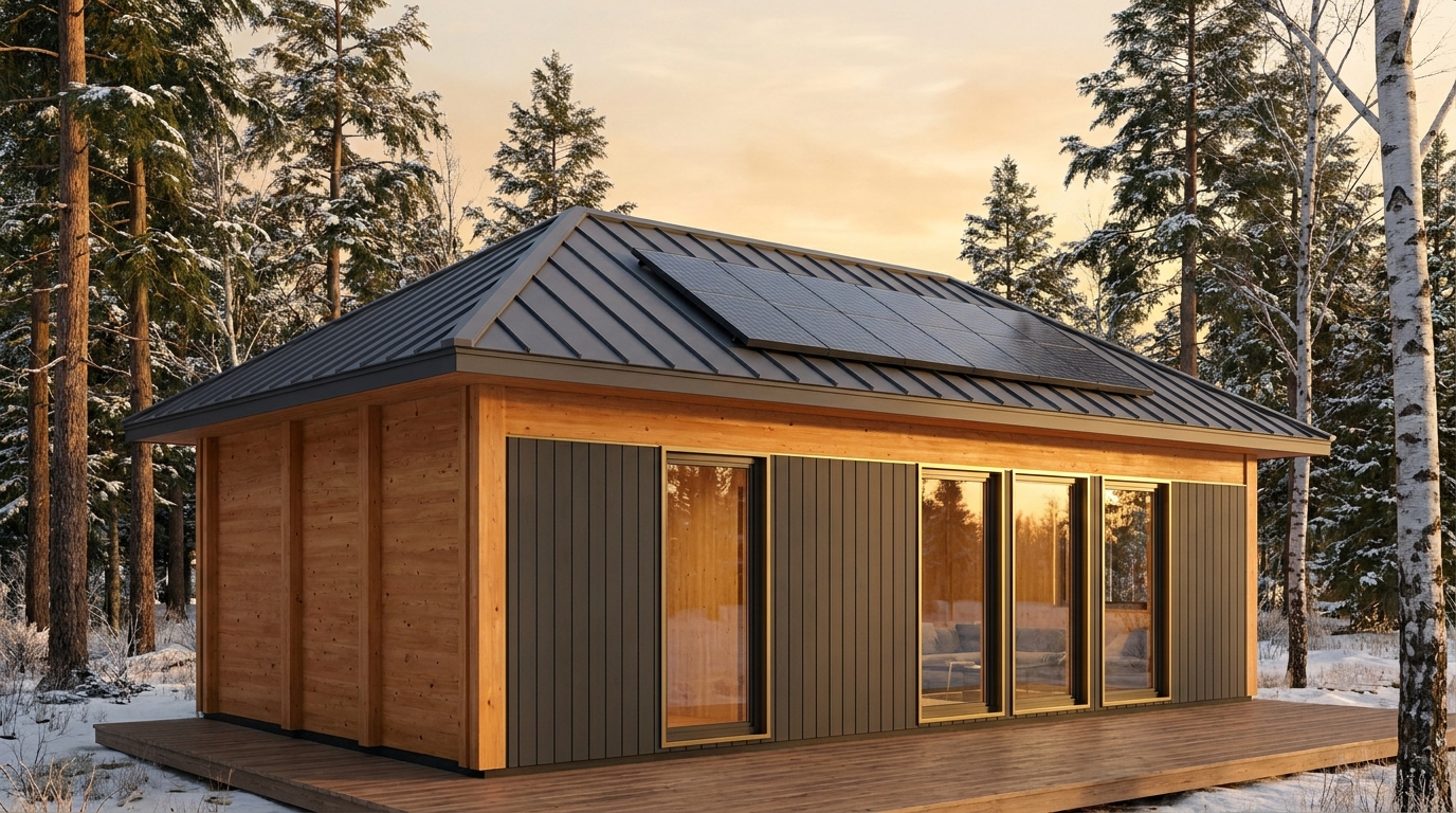 霜の小屋 外観 — AI render based on BIM specs