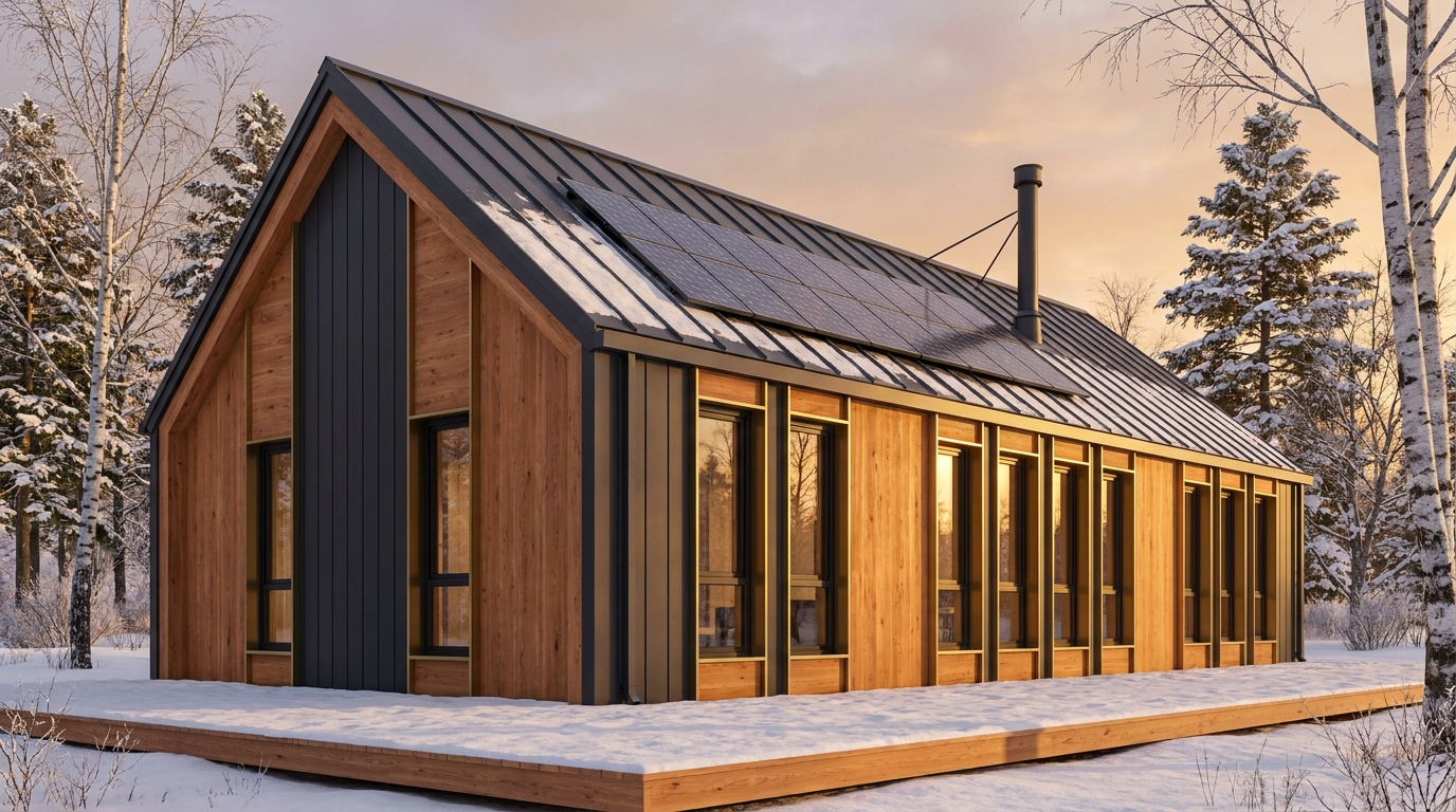 霧の小屋 外観 — AI render based on BIM specs