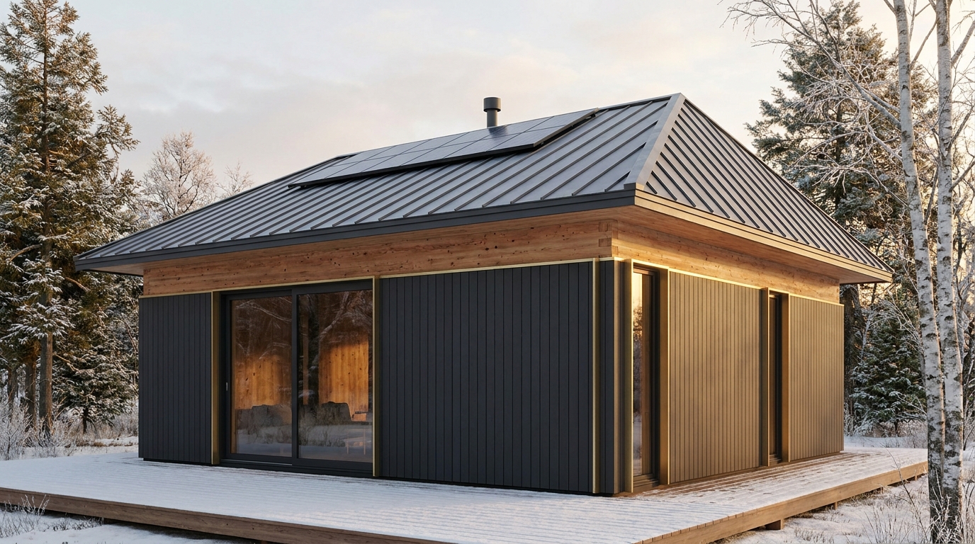 雪の小屋 外観 — AI render based on BIM specs