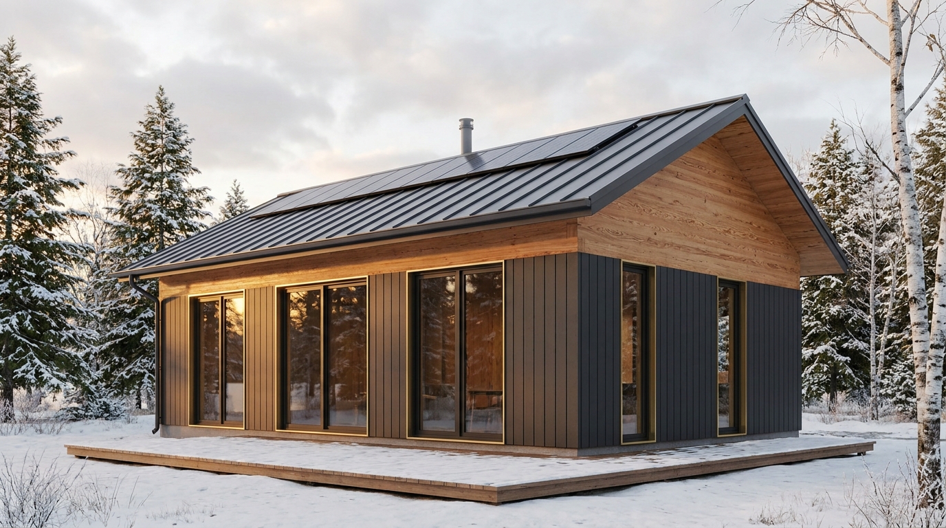 雪の小屋 外観 — AI render based on BIM specs