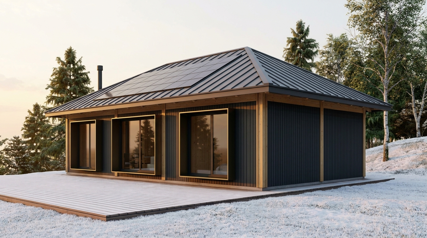 雨の小屋 外観 — AI render based on BIM specs